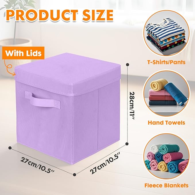 ShellKingdom Storage Bins, Foldable Fabric Storage Cubes with Lid, Clothes Storage Organizer Drawer For Closet Toys Storage, 10.5 X 10.5 X 11 INCH, 2 Pack (Lavender)