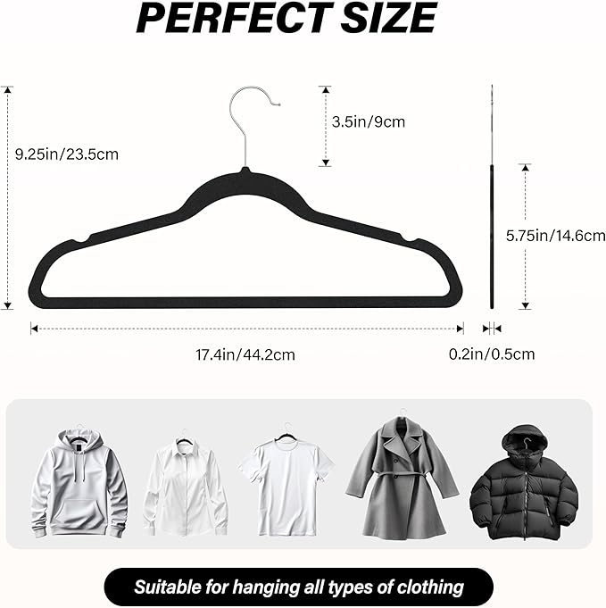 Simple Deluxe 50 Pack Velvet Hangers, Non-Slip Clothes Hangers with Shoulder Notches, 360° Swivel Hooks, Heavy Duty Coat Suit Hangers for Coats & Pants, Black