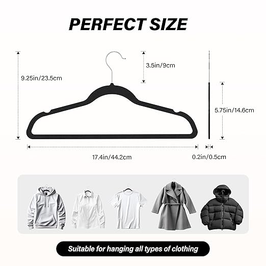 Simple Deluxe 50 Pack Velvet Hangers, 360° Swivel Hook, Non-Slip Heavy Duty Hanger Set with Shoulder Notches, for Coat, Pants & Dress, Black