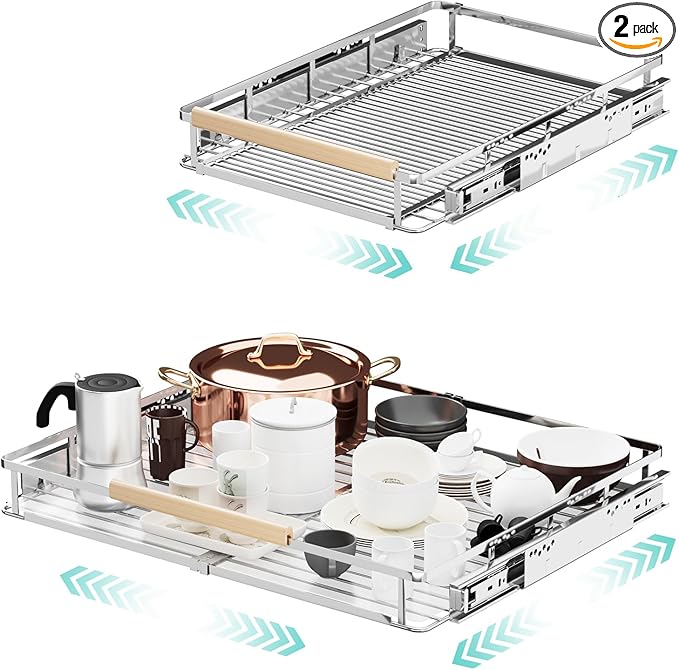 jkxoo 2Pack Expandable Pull Out Cabinet Organizer, Adjustable Width:17.1~28''W x 22.5''D Under Sink Organizer, Drawer Storage Shelves for Kitchen, Bathroom, Closet, Pantry, Cupboard, Pots, Pans