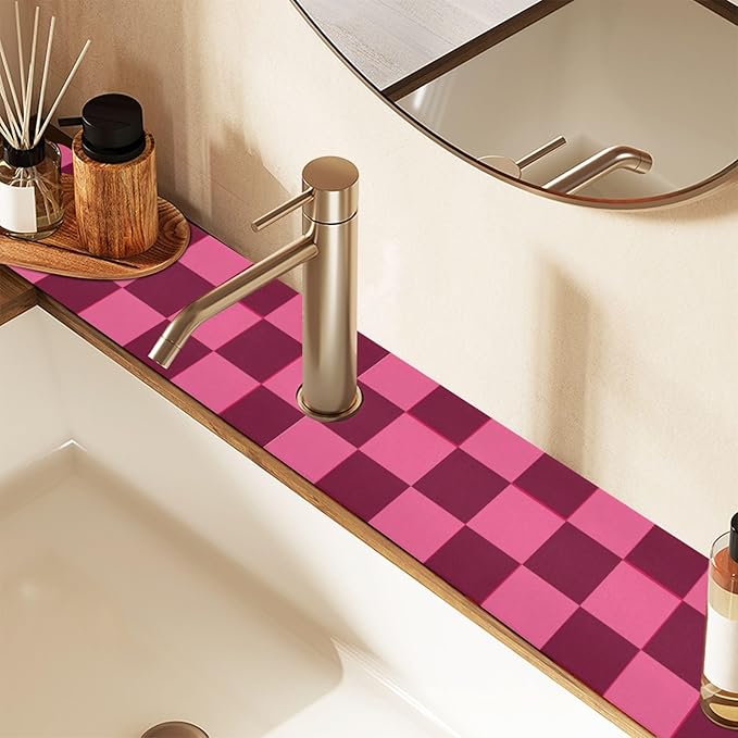 Checkered Hot Pink Kitchen Sink Splash Guard Sink Faucet Mat Faucet Handle Drip Catcher Drain Mats for Kitchen Bathroom Countertop Absorbent Dish Drying Pad 2Pack 14.7x5.4IN