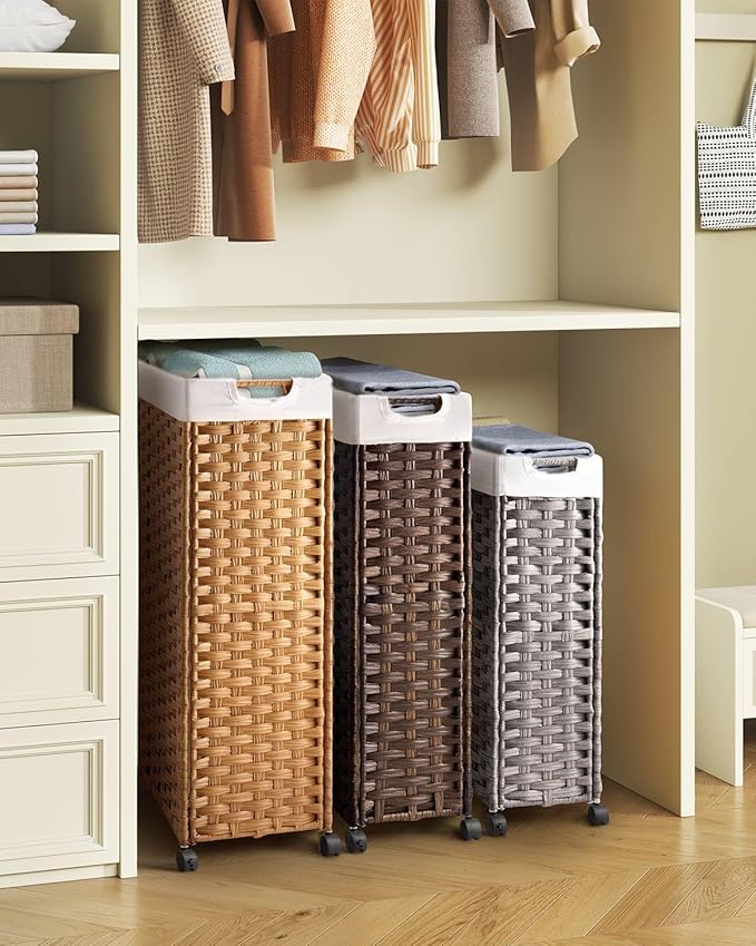 Greenstell Laundry Hamper with Wheels, 11.9 Gallon (45L) Small Clothes Hamper with 2 Removable Liner Bags & 2 Mesh Bags, Slim Rattan Laundry Basket for Bathroom, Bedroom, Natural