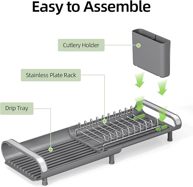 TOOLF Small Dish Drying Rack, Mini Expandable Compact Dish Rack, Slim Extendable Stainless Steel Dish Drainer for Kitchen Plate Storage, Space Saving Dish Strainer in Sink or on Home Countertop, Gray