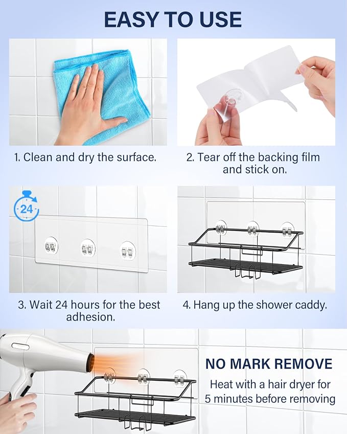 20 Pack Shower Caddy Adhesive Replacement, Waterproof Shower Adhesive Strips, Strong Wall Hooks for Shower Shelves, No Drilling, for Bathroom Storage Organizer & Kitchen Racks