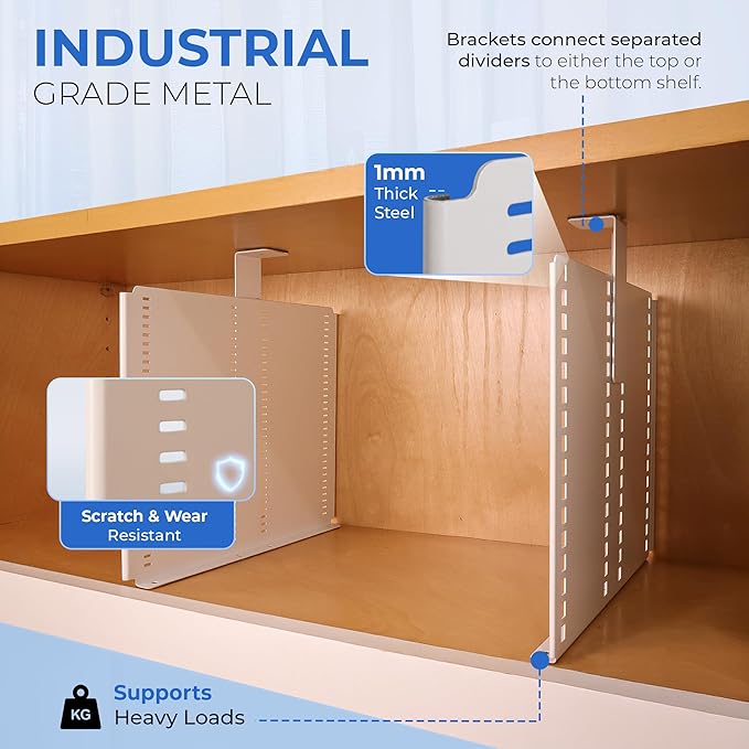 Adjustable Height Strong Metal Shelf Divider Organizer for Kitchen, Bookshelves, Pantry, Closet. Will not Bend. Extendable Up to 14 inch.