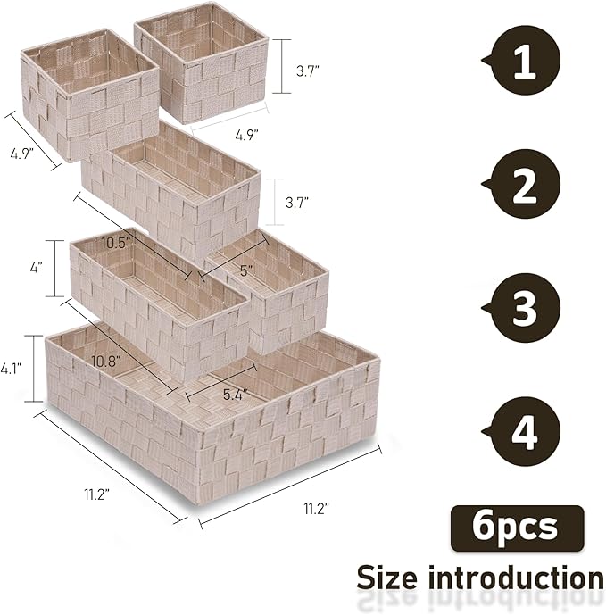 Storage Bins Woven Organizer Set of 6 – Polypropylene Storage Baskets with Metal Frame, Stackable Fabric Boxes for Drawers, Closet, Shelf, Nursery and Office, Beige