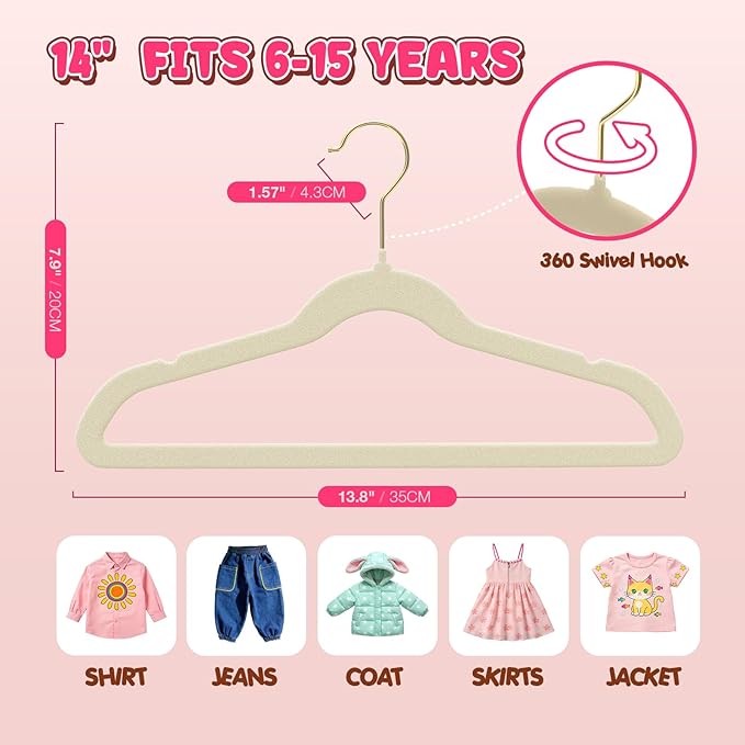 Korpai 50 Pack Kids Velvet Hangers 14 Inch, Non-Slip, Ultra Slim,Space-Saving Kids Hangers with 360° Swivel Hook, 7LBS Capacity, Kids Clothes Hangers Ideal for Youth's Dresses/Shirts/Coats, Beige