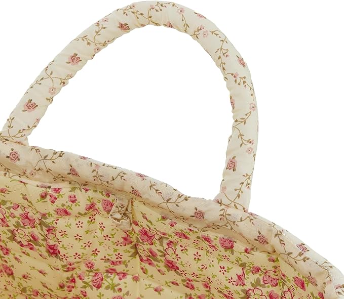 Quilted Fabric Storage Basket with Handles & Pocket, Foldable Laundry Hamper Boho Floral Print Organizer Bin for Home, Picnic, Office 12"x10"x10" (A-2)