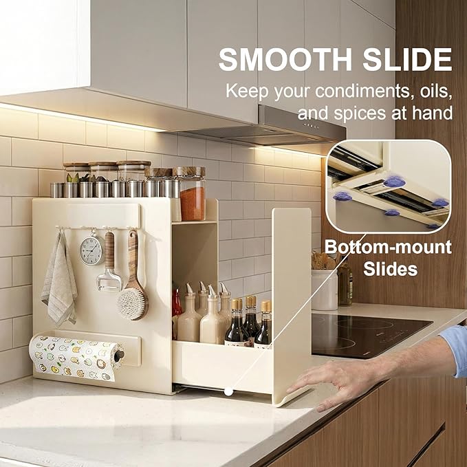 2 Tier No Assembly Pull Out Spice Rack Countertop, Sliding Drawer Seasoning Condiments for Tall Bottles, Steel Kitchen Countertop Organizer with Magnetic Panels with Paper Towel Holder and 4 Hooks