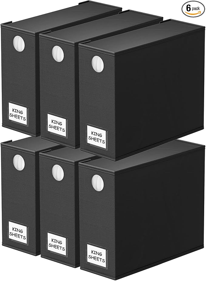 SpaceAid 6 Pack Bed Sheet Organizers and Storage, Foldable Sheet Organizer for Linen Closet, Sheets Set Folder Keeper with Window XL (Queen & King Size) Bedding Container, (Black, 6 Pack)