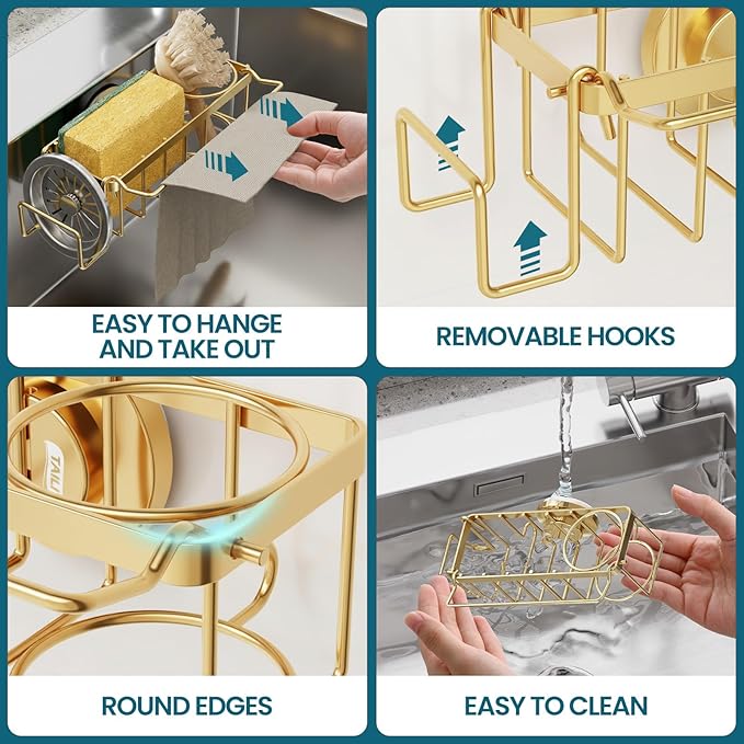 TAILI Sponge Holder with Strong Suction Cup, 4-in-1 Rustproof Sink Organizer - Sink Caddy Holds Sponges, Brushes, Stoppers & Scrapers -Gold