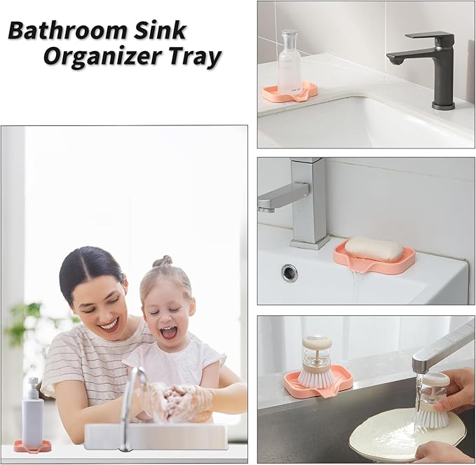 MicoYang Silicone Bathroom Soap Dishes with Drain Spout-Bathroom and Kitchen Sink Organizer,Sponge Holder,Dish Soap Tray,Perfect for Dispenser,Scrubber,Bottle,Cup on Sink or Counter-Pink 4.9"×3.2"