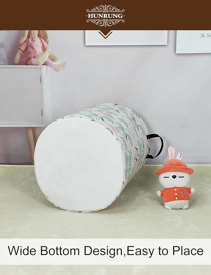 HUNRUNG Laundry Hamper,Large Canvas Fabric Lightweight Storage Basket Toy Organizer Dirty Clothes Collapsible Waterproof for College Dorms（Round-Star Unicorn）