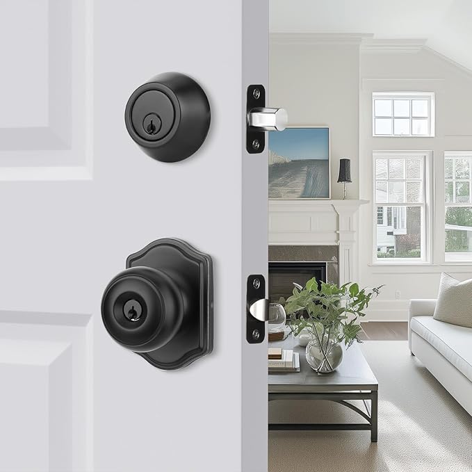 Haidms Exterior Deadbolt and Keyed Entry Black Door Knob Set, Keyed Entry Front Door Knobs, Key-Different Deadbolt Matte Black Doorknob with Lock and Key(3 Pack)