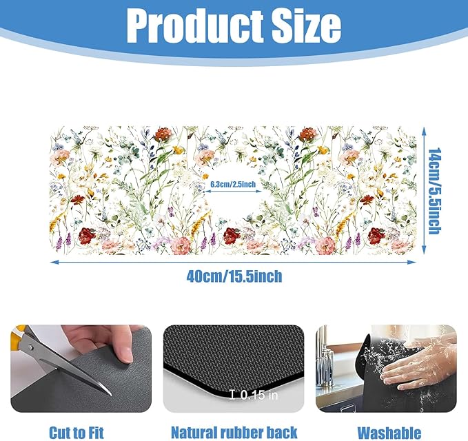 Sink Faucet Absorbing Mat Wildflower Sink Splash Guard Drying Mat for Kitchen Bathroom Faucet Sinkmat 15.5"X5.5"