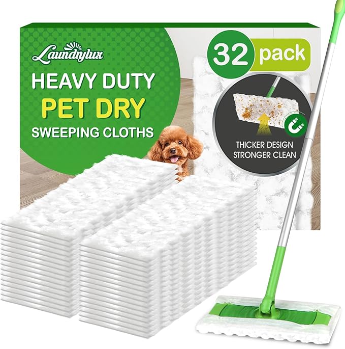 Heavy Duty Dry Sweeping Cloths Refills Compatible with Swiffer Sweeper, Multi Surface Pet Dry Pads Refill, Floor Cleaner for Dust, Hair, Dirt, Disposable Duster Mop Pad - 32 Count