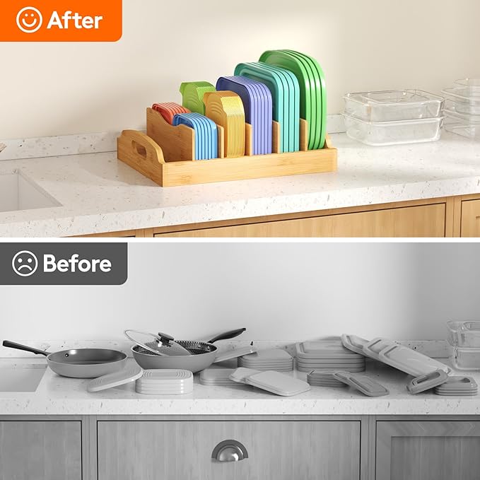 Lifewit Bamboo Lid Organizers for Inside Cabinet, Food Storage Container Lid Holder with 5 adjustable Inserts & 6 Compartments, Lid Storage for Kitchen Pantry Organization, 13.2" X 10"