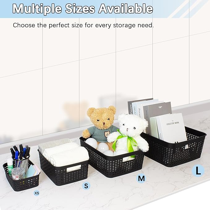 Soddeph Plastic Storage Baskets for Cabinets, Household Pantry Organization with Handle,Organizer Bins for Room,Bathrooms,Under-Sink,Kitchen (Black, XS-3PACK)