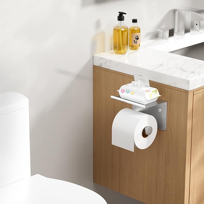 FORIOUS Toilet Paper Holder with Shelf, Adhesive or Screw Wall Mount Toilet Roll Holder for Bathroom, Rustproof 304 Stainless Steel Commercial Toilet Tissue Holder with Storage, Brushed Nickel