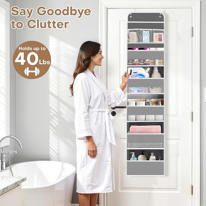 SpaceWhisper Over the Door Organizer, 6 Large Pocket Hanging Storage Organizer with 40lb Capacity, Space Saving for Nursery, Bathroom, Bedroom, Closet - Baby Essentials & Toiletry Organizer (Grey)