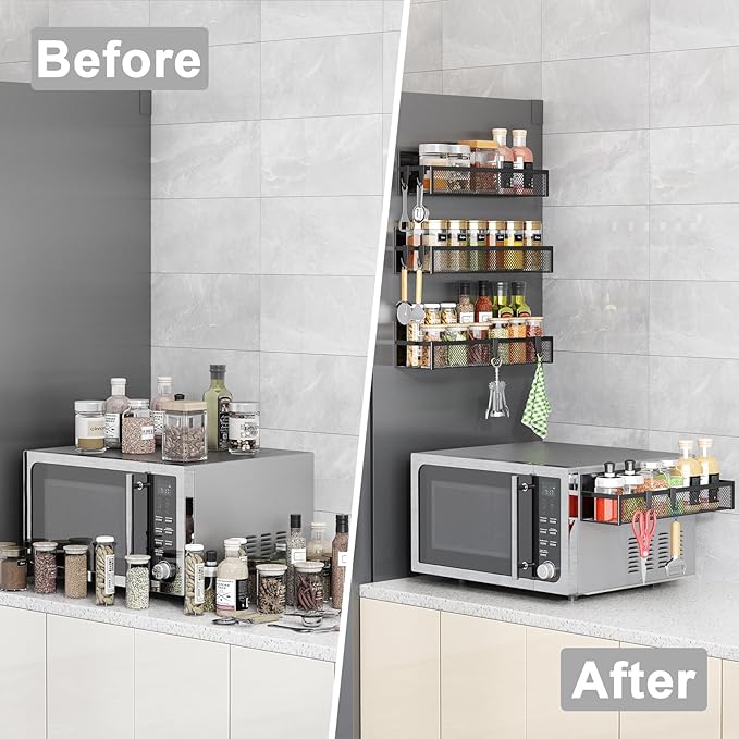 Magnetic Spice Rack for Refrigerator, 5 Pack Magnetic Shelf, Moveable Magnetic Fridge Organizer with an 8-Hook Rack, Seasoning Organizer for Kitchen Organization (Extra with 8 Hooks)