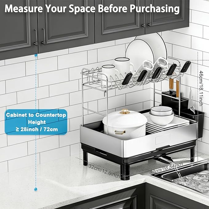 Dish Drying Rack, 2 Tier Large Dish Rack, Stainless Steel Dish Drainer for Kitchen Counter, Dishes Rack with Automatic Drainage, Utensil Holder,Cups Holder,Space Saving Kitchen Organizer,Black