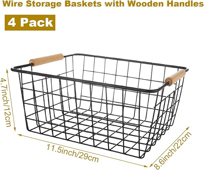 4 Pack Black Metal Wire Storage Baskets, Pantry Baskets for Organizing, Wire Food Storage Basket Organizer with Wooden Handles for Kitchen, Pantry, Freezer - 29 x 22 x 12cm