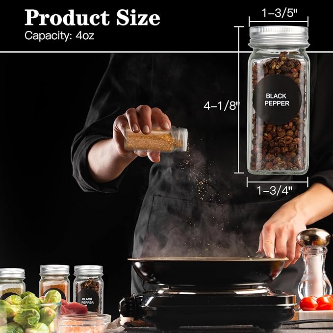 DkOvn 24pcs Glass Spice Jars, 4oz Empty Spice Jars with Metal Caps, Labels, Shaker Lids, Collapsible Funnel, Chalk Pen, Seasoning Organizer for Spice Rack