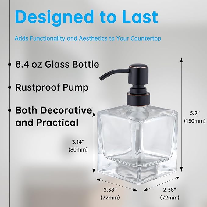 Square Bathroom Soap Dispenser Oil Rubbed Bronze, Glass Bottles with Stainless Steel Pump Retangle Cube Liquid Soap Dispenser Hand Kitchen with Waterproof Lables
