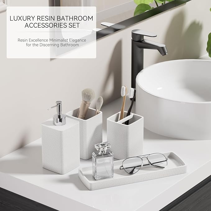 White Bathroom Set, White Bathroom Accessories Sets with Shower Curtain and No-Slip Bath Rugs, Natural Loofah Sponge, Soap Dispenser, Toothbrush Holder, Toothbrush Cup and Tray for Bathroom