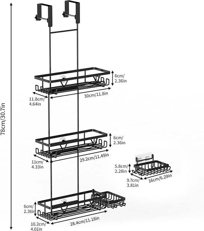 KEGII Shower Organizer Hanging Over the Door, 3 Tier Large Capacity Shower Caddy with 2 Soap Holders & Razor Holders, 18 Hooks & 4-in-1 Dual Hooks, Adjustable Rustproof Bathroom Rack, Black