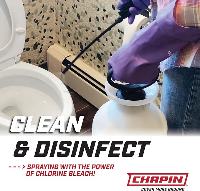 Chapin 22074 Bleach Pump Sprayer, 2‑Gallon, Lawn & Garden, Bleach‑Resistant Poly Tank, Funnel‑Top, Anti‑Clog Filter, Adjustable Cone Nozzle, 40" Hose for Cleaning, Mold & Disinfecting Applications