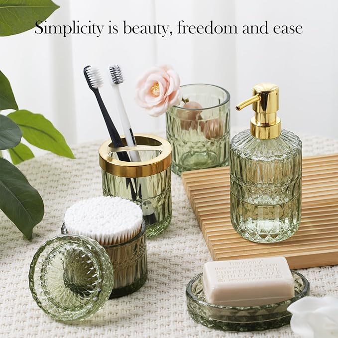 Bathroom Accessory Set 5 Pcs, Glass Bathroom Set Include Soap Dish, Toothbrush Holder, Mousewash Cup, Soap Dispenser, Cotton Swab Jar, Green