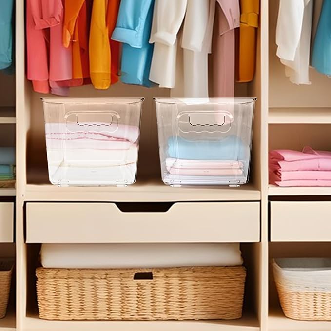 4 Pack Clear Plastic Storage Bins with Handles, Stackable Pantry Fridge Cabinet Under Sink Organizers and Storage, Multi-use Large Home Kitchen Bathroom Organization for Shelf Closet Drawer