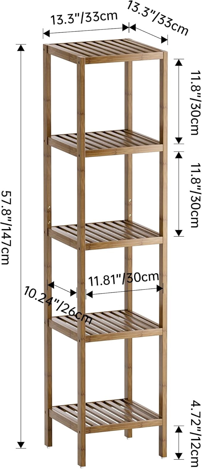 SMIBUY Bathroom Storage Shelf, 5-Tier Bamboo Rack Organizer, Multifunctional Shelving Unit for Living Room Bedroom Kitchen (Walnut)