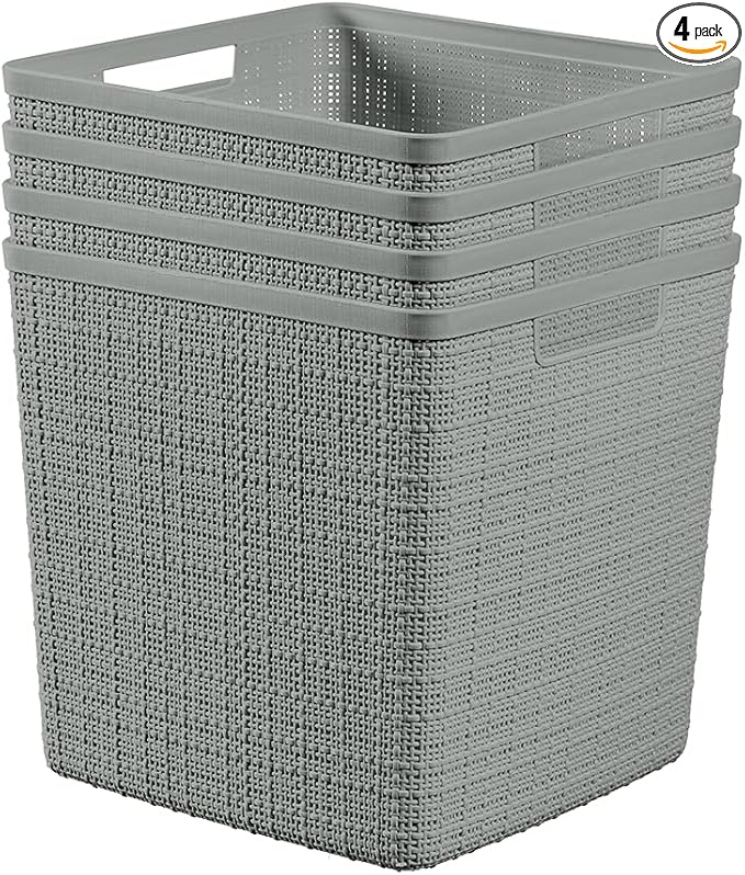 Curver Set of 4 Large Cube 17L Jute Decorative Plastic Organization and Storage Baskets - Perfect Bins for Home Office, Closet Shelves, Kitchen Pantry and All Bedroom Essentials, Grey