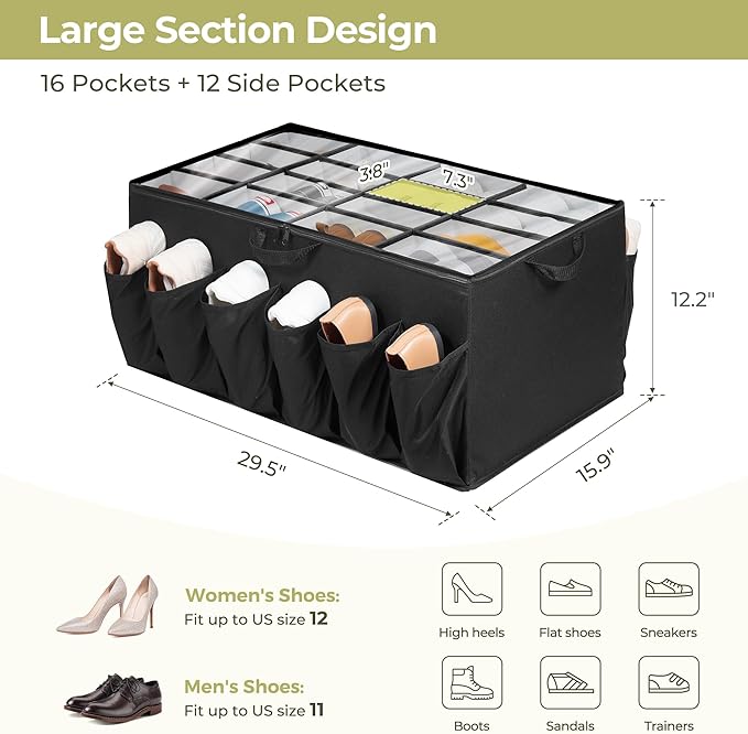 Shoe Organizer for Closet, Shoe Storage Solution with Clear Cover & Adjustable Dividers, Fabric Shoe Box Fits 16 +12 Pairs Shoes, Black, 2-Pack