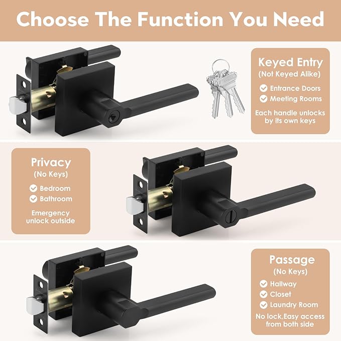 Passage Square Keyless Door Handle Without Key,Only Latch Required,Interior Exterior Free Rotation/One-Touch Opening,Reversible Left Right Lever Lock,ADA-Compliant,for Hallway Closet
