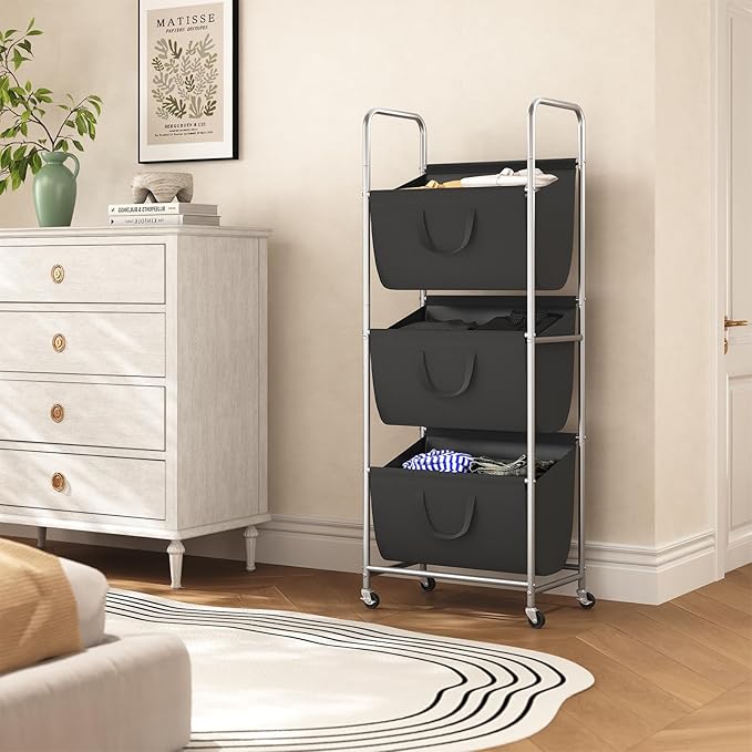 ELYKEN 120L Vertical Rolling Laundry Hamper with Removable Bags, 3 Section Laundry Baskets with Wheels, Space-Saving 3 Tier Laundry Sorter for Small Spaces, Dorm, Bedroom, Bathroom, Laundry Room