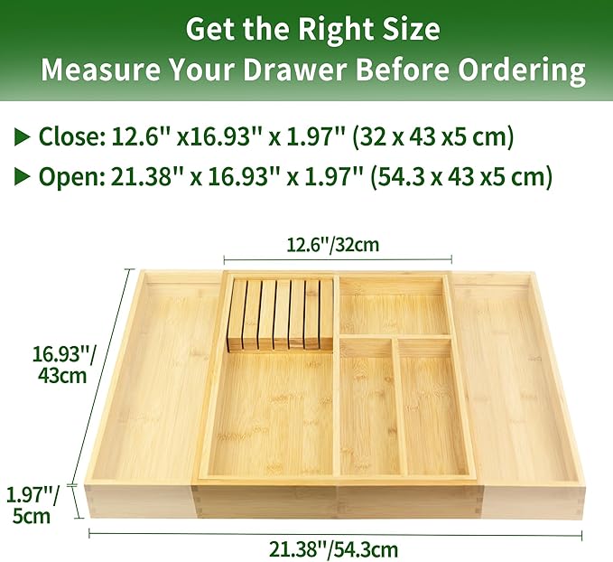 VaeFae Bamboo Kitchen Drawer Organizer, Utensil Tray with Multiple Compartments, Cutlery and Silverware Storage