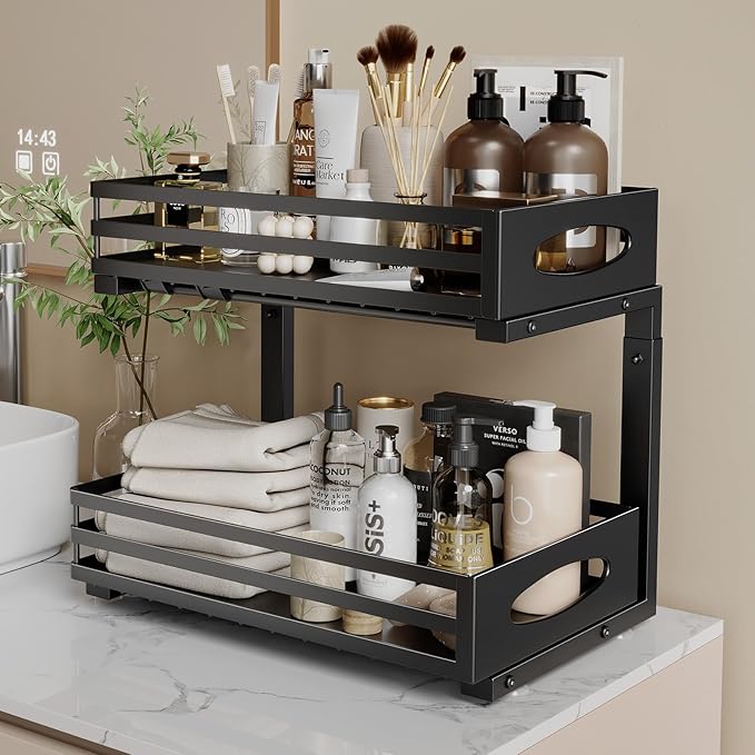 Under Sink Organizer, 2 Tier Under Sink Organizers and Storage, Adjustable Height, Slide out Metal Cabinet Organizers, Pull out Cabinet Storage Drawer Shelf for Kitchen Bathroom Black 2Pack