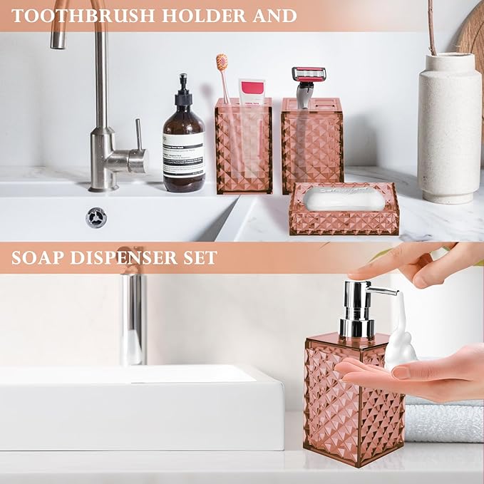 Bathroom Accessory Set, Grid Pattern 4 Pcs Plastic Bathroom Set Include Soap Dispenser, Soap Dish, Toothbrush Holder, Mousewash Cup, Modern Bahtroom Décor Set(Orange)