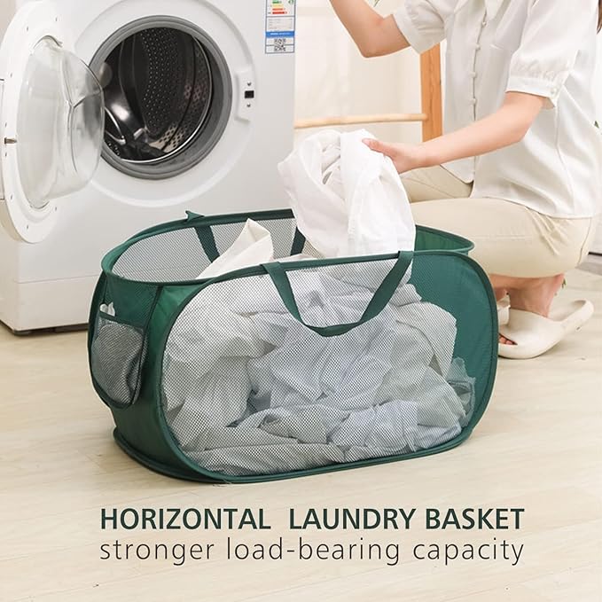 Pop Up Laundry Hamper,Collapsible Horizontal Baskets with Handles & Side Pocket,Foldable Sturdy mesh for Laundry Room,Bathroom,Kids Room,College Dorm or Travel (Double Grey)