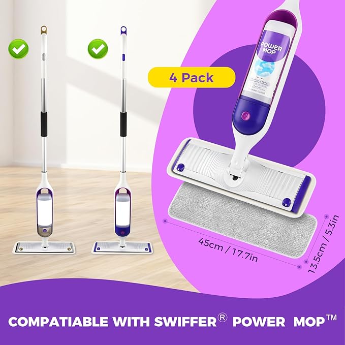Reusable Pads for Swiffer® Power Mop™ - 100+ Wash Durable, High Absorption 4-Pack, Pet Hair Capture for Hardwood Tile & Vinyl Quick-Dry Refills
