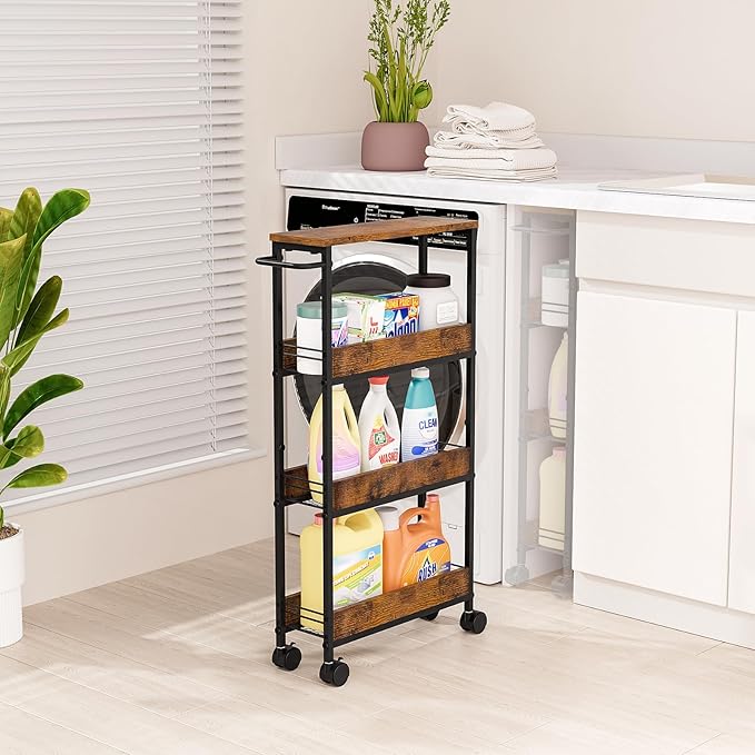 4 Tier Slim Rolling Storage Cart Narrow Space Utility Cart with Handle Metal Frame with Wood Top Table Sturdy Cart Organizers and Storage for Kitchen Bathroom Laundry Office, 5.1 Inches Deep Black