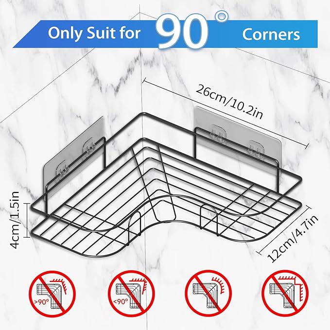 Moonlit Pond Corner Shower Caddy, 2 Pack Adhesive Shower Corner Organizer Shelves, No Drilling Stainless Steel Shower Storage Rack for Bathroom, Dorm and Kitchen, Black