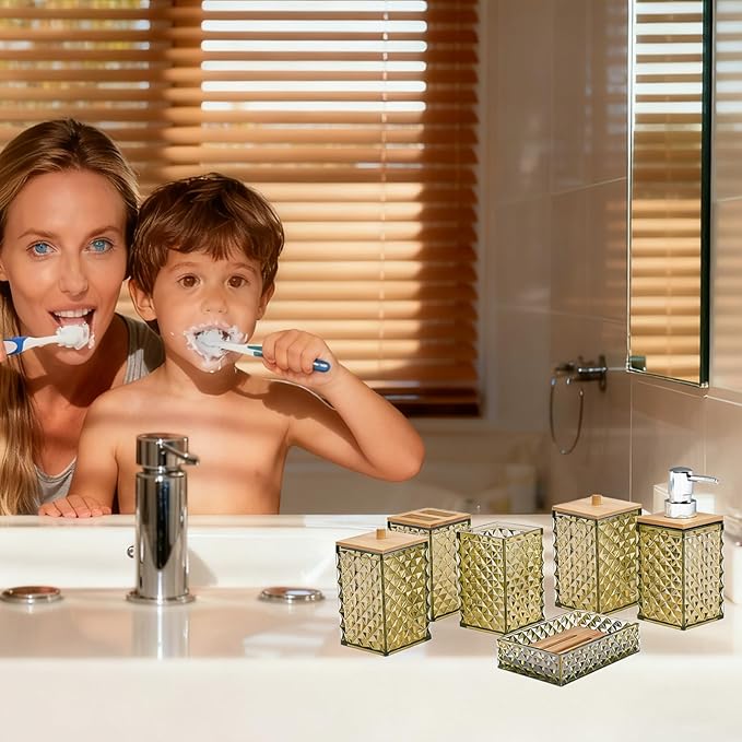 Bathroom Accessory Set,6 Pcs Beige Bathroom Set Include Soap Dispenser, Qtip Holder Dispenser, Soap Dish,Toothbrush Holder & Mouthwash Cup.Boho Bathroom Set