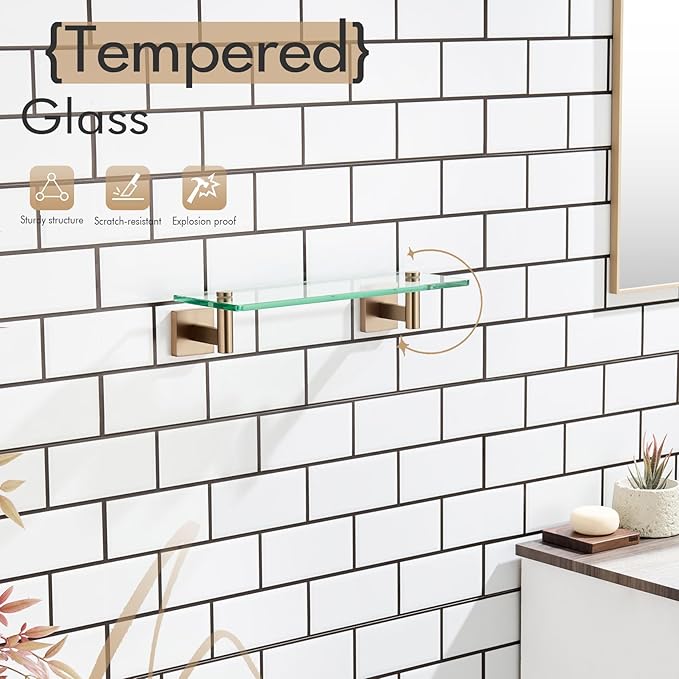 KOKOSIRI Wall Shelves Bathroom Hardware Glass Floating Shelf 12-Inch for Bedroom, Living Room, Kitchen, Hanging Rack Champagne Bronze B1105CPG-L12