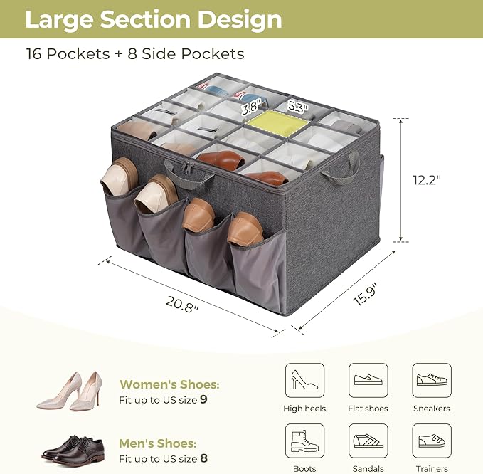Shoe Organizer for Closet, Shoe Storage Solution with Clear Cover & Adjustable Dividers, Fabric Shoe Box Fits 16 +8 Pairs Shoes, Grey, 2-Pack