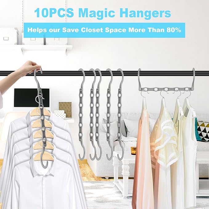 DUCOO 10 PCS Space Saving Hangers, 5-Hole Magic Hangers - Sturdy Plastic Hanger, Closet Organizers for Clothes Storage, College Dorm Essentials, Home Organization (Gray)